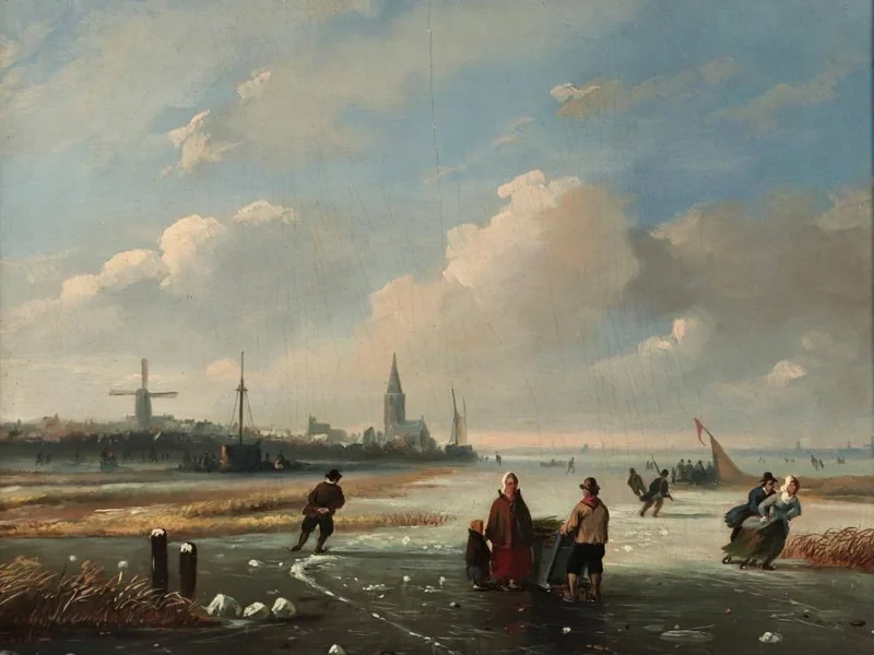 1866-Leopold Delbeke - Paesaggio invernale olandese con pattinatori